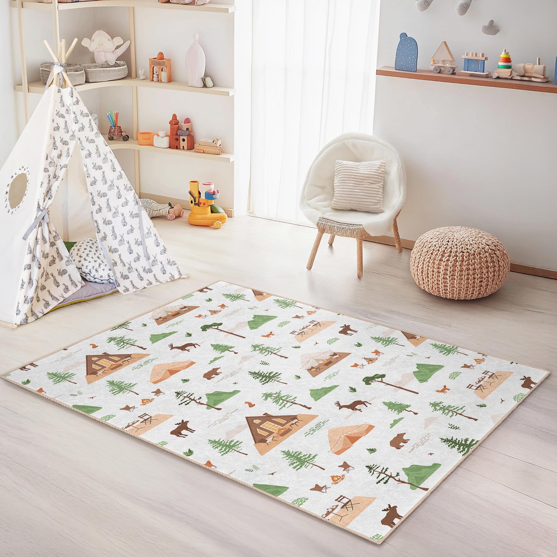Forest Adventure Kids Rug, Rectangular Play Mat, Nature Themed Nursery Carpet, Campfire Kids Room Decor, Woodland Animal Rug