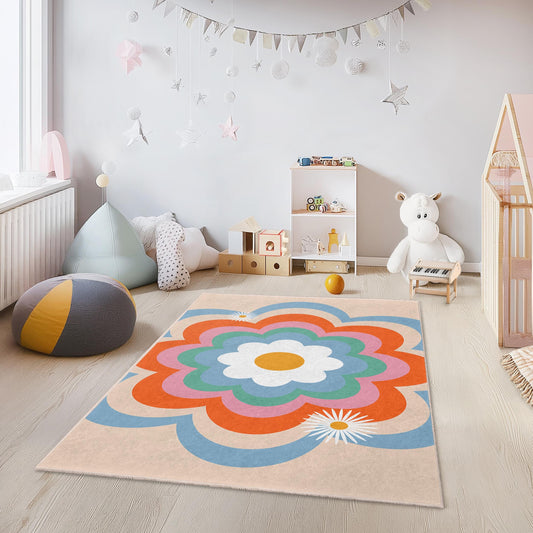 Flower Pattern Rectangular Kids Rug, Colorful Floral Play Mat, Soft Nursery Carpet for Children's Room, Playroom Decor