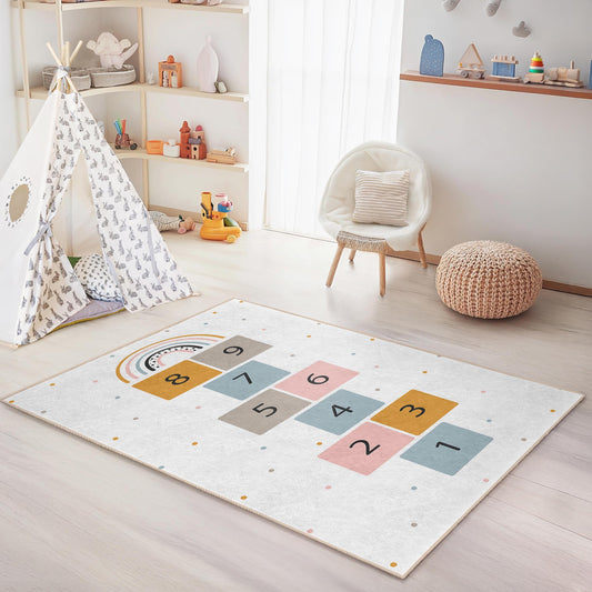 Hopscotch Rainbow Kids Play Rug, Rectangle Children Rug, Fun Playroom Carpet, Soft Nursery Mat, Colorful Kids Decor