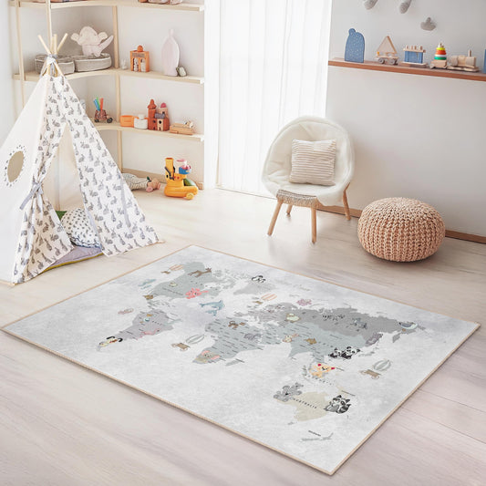 Animal World Map Kids Rug, Soft Rectangular Play Mat for Children's Room, Nursery Decor, Educational Area Rug, Animal Theme Carpet