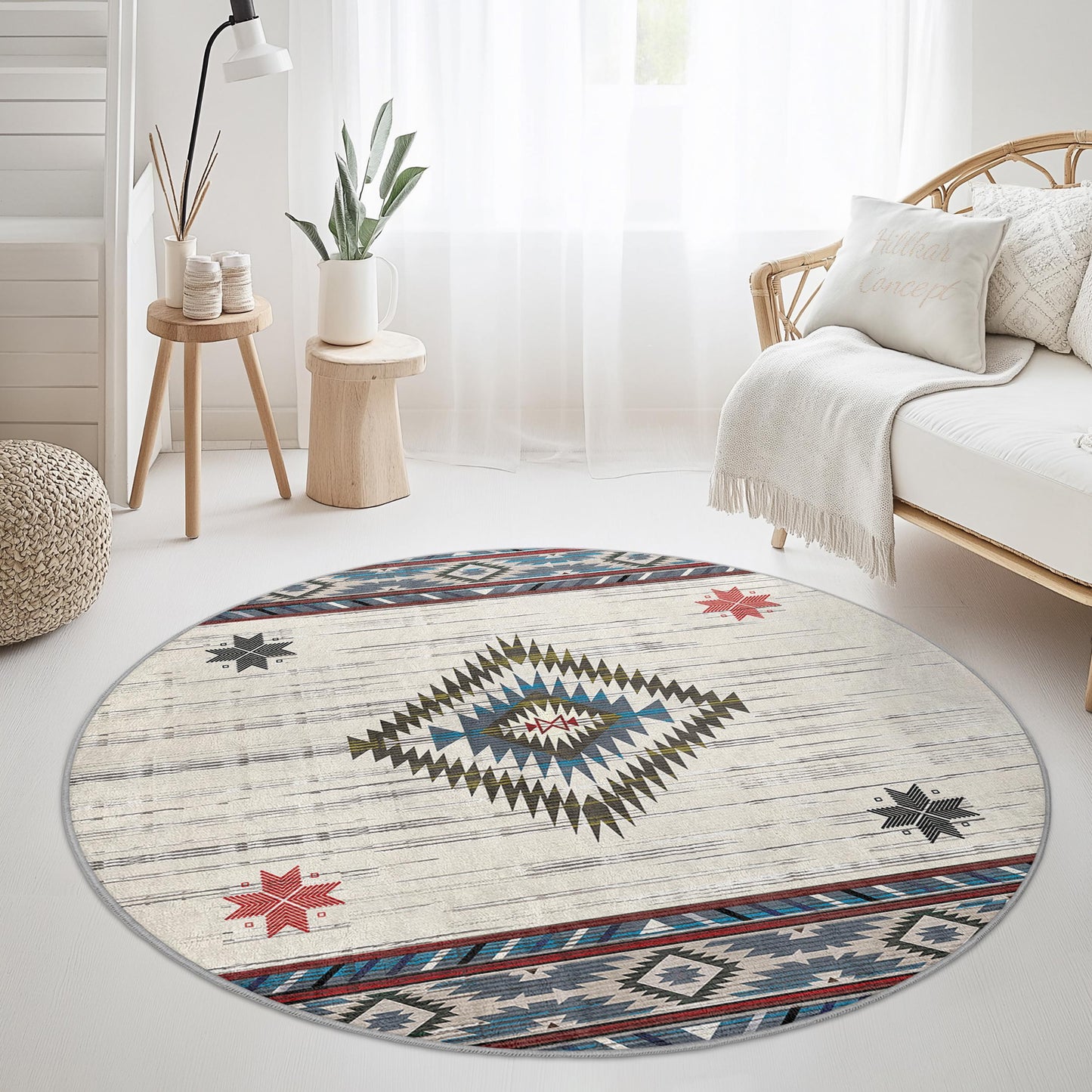 Bohemian Round Area Rug, Geometric Pattern Carpet, Soft Round Rug for Living Room, Bedroom or Kids Room Decor, Stylish Home Accent