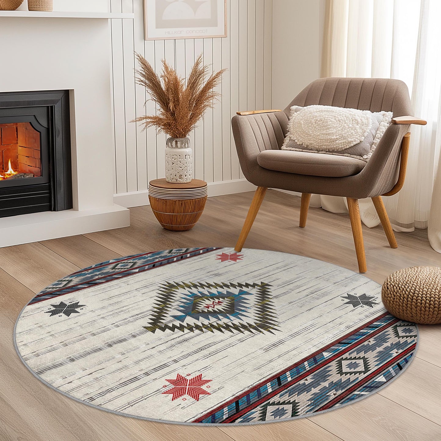Bohemian Round Area Rug, Geometric Pattern Carpet, Soft Round Rug for Living Room, Bedroom or Kids Room Decor, Stylish Home Accent