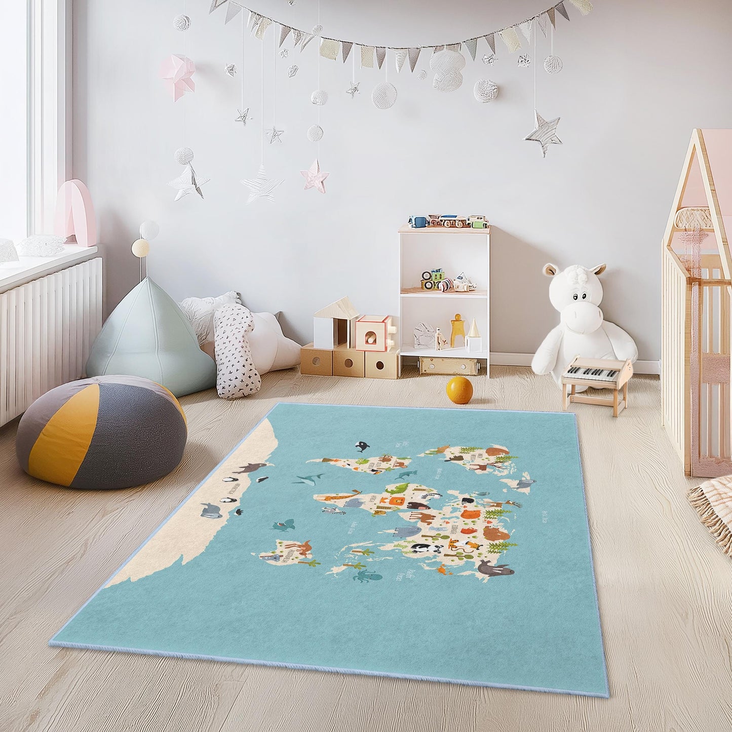 Animal World Map Educational Rug for Kids, Rectangular Kids Play Mat, Animal Themed Nursery Decor, Fun Learning Carpet