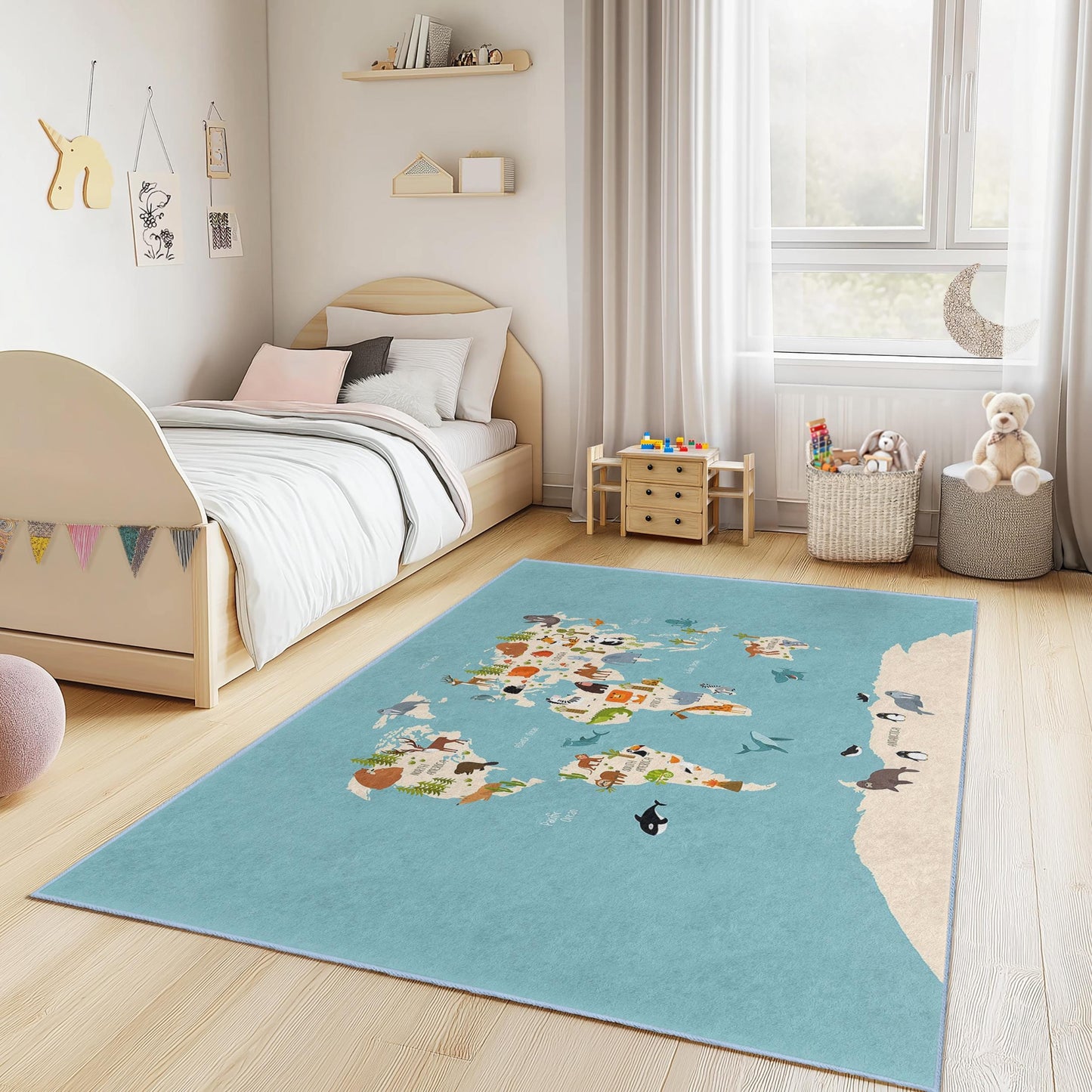 Animal World Map Educational Rug for Kids, Rectangular Kids Play Mat, Animal Themed Nursery Decor, Fun Learning Carpet