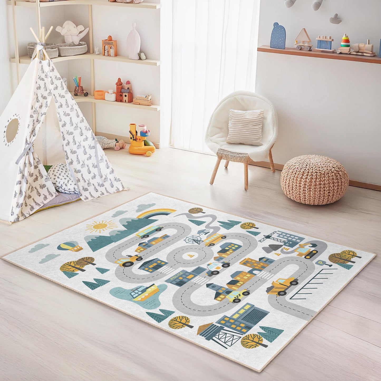 Colorful Road Map Kids Rug: Interactive Play Mat, Nursery Decor