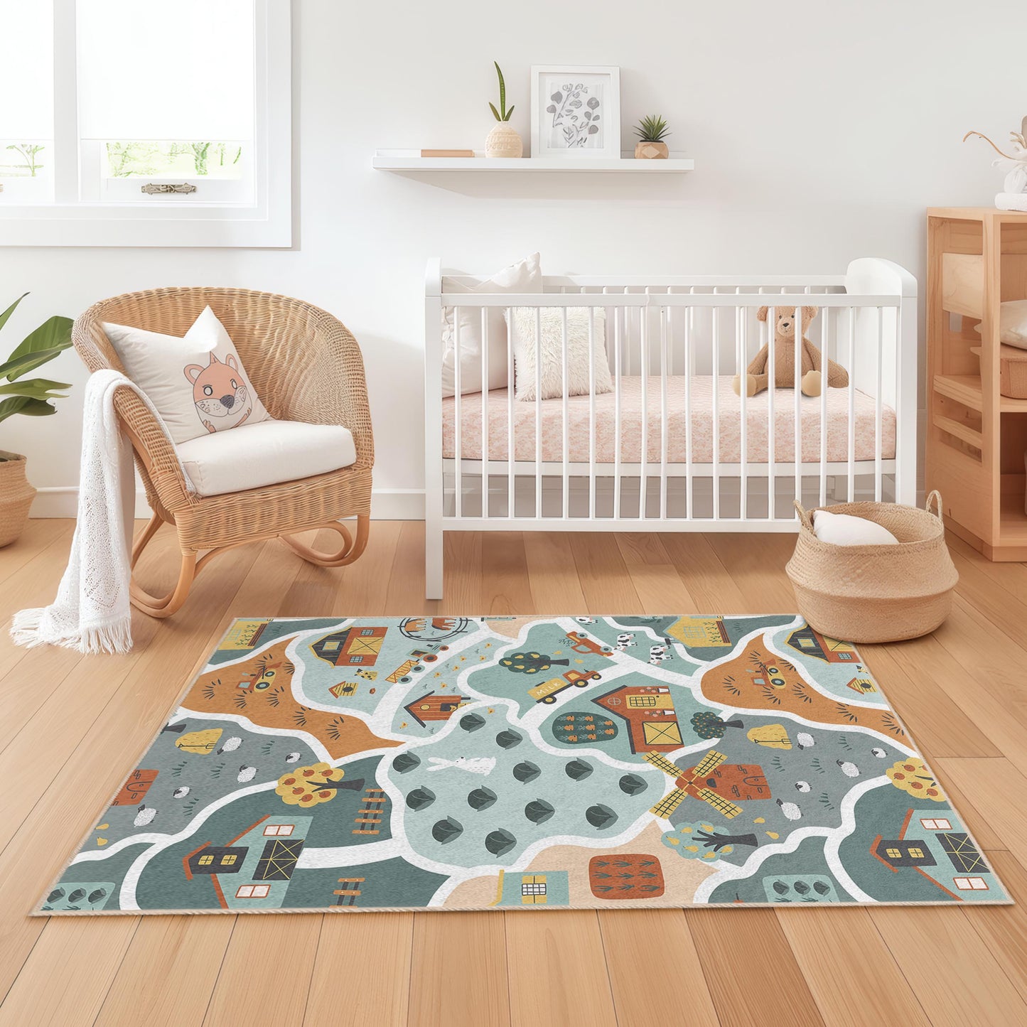 Farm Adventure Kids Play Rug, Rectangular Animal Farm Rug, Kids Room Carpet, Playroom Decor, Nursery Floor Mat