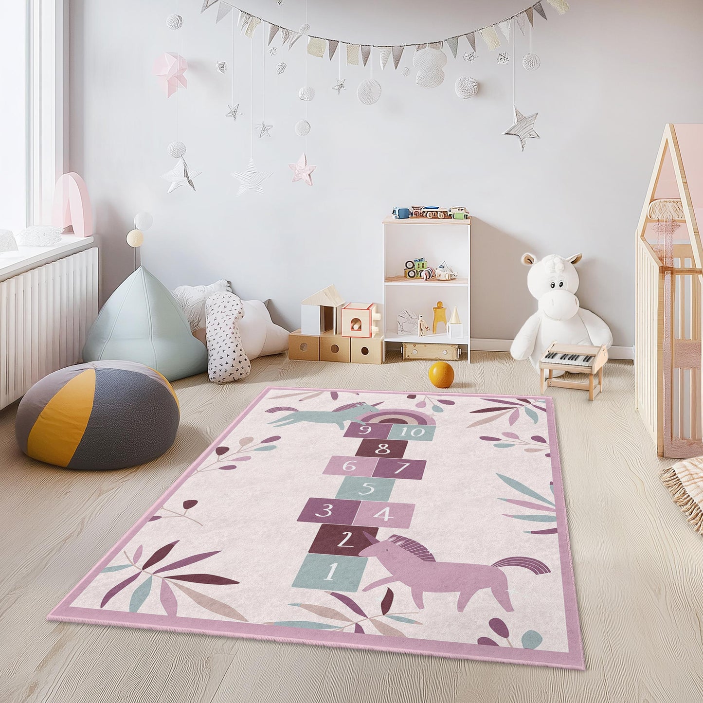 Unicorn Hopscotch Play Rug, Kids Room Carpet, Rectangle Unicorn Rug, Playroom Decor, Soft Nursery Mat, Children's Play Rug