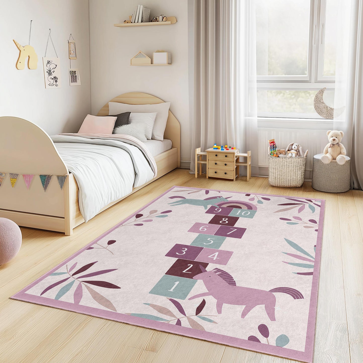 Unicorn Hopscotch Play Rug, Kids Room Carpet, Rectangle Unicorn Rug, Playroom Decor, Soft Nursery Mat, Children's Play Rug