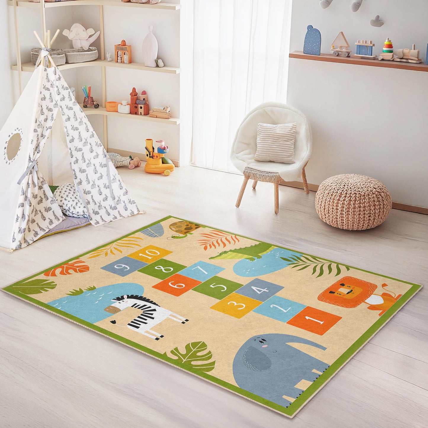 Jungle Adventure Kids Play Rug, Hopscotch Animal Rug, Rectangle Rug for Kids Room, Jungle Decor, Soft Play Mat