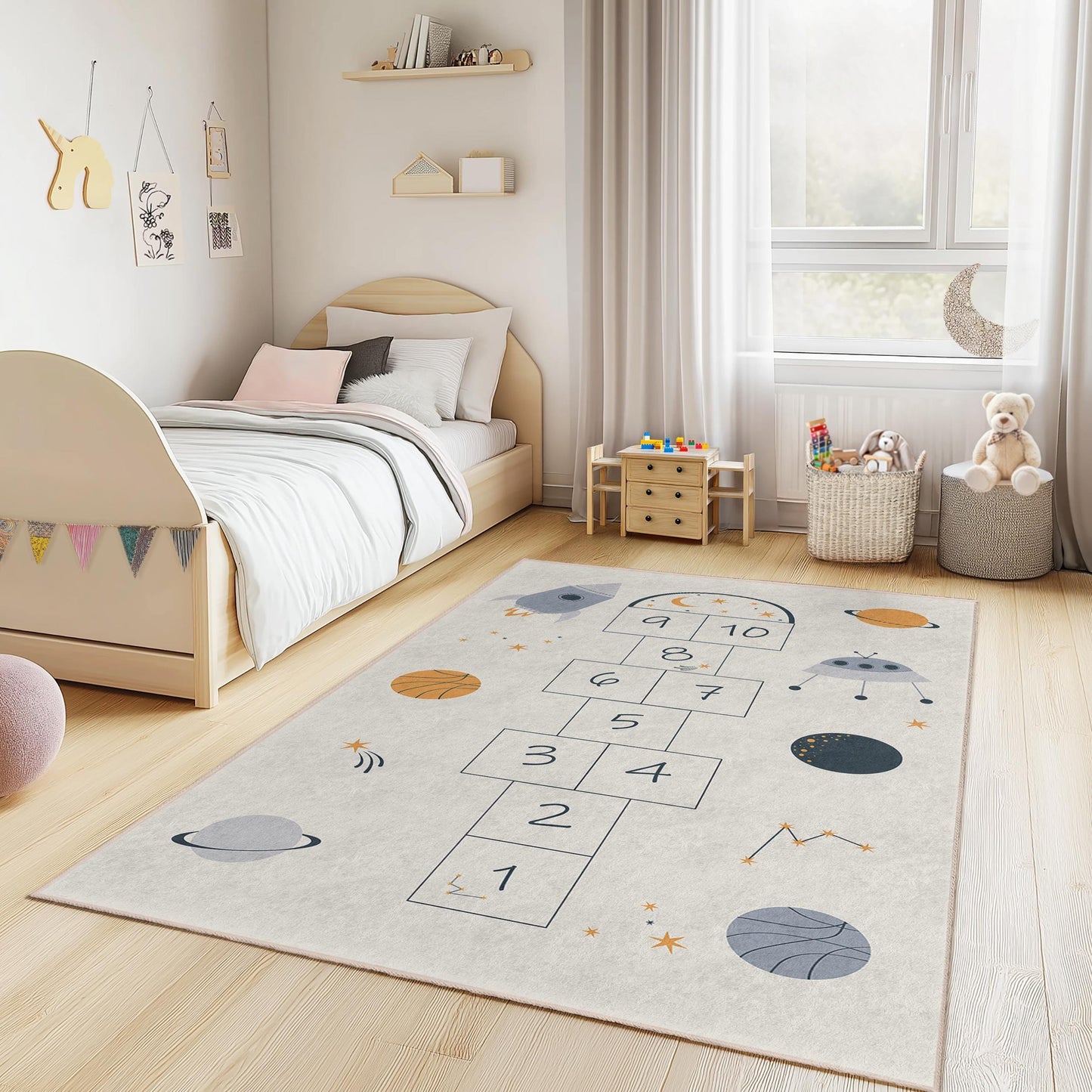 Space Hopscotch Rug: Galaxy Kids Play Mat, Nursery Decor