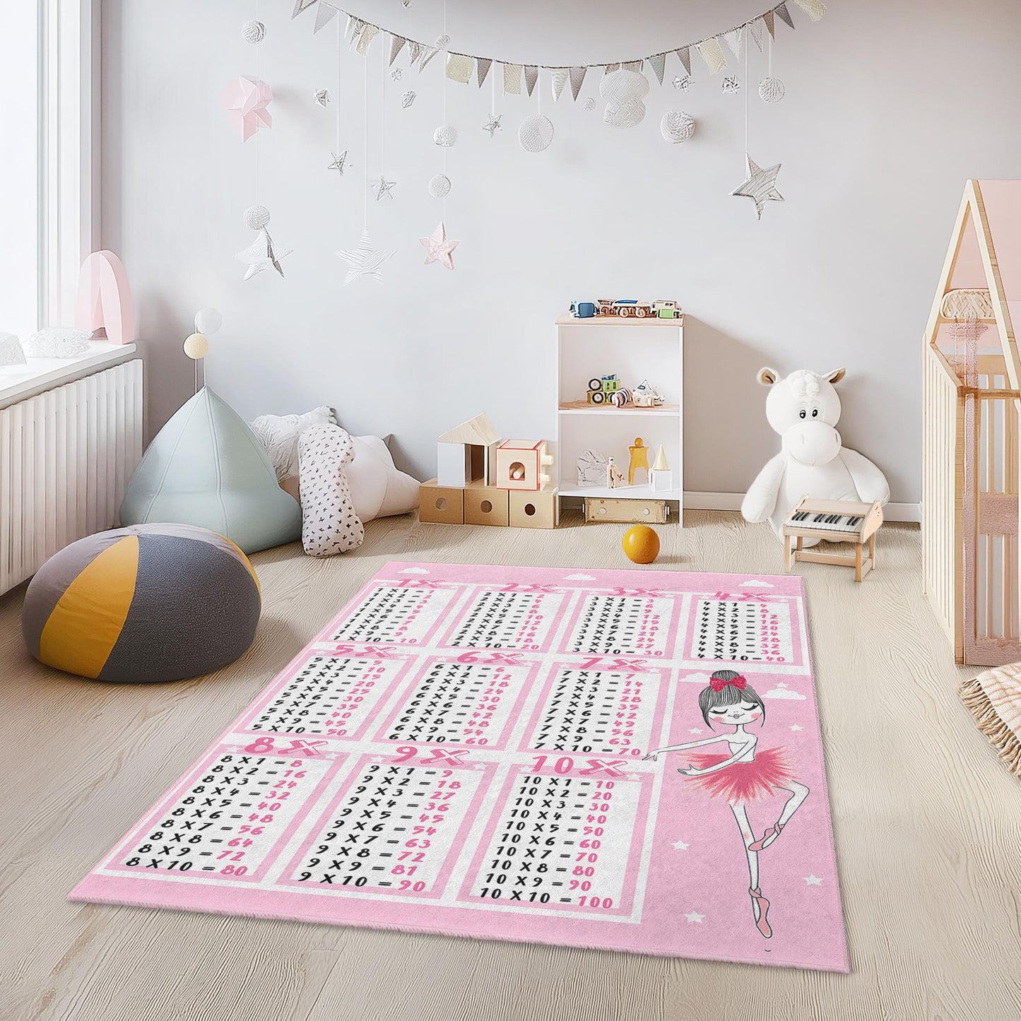 Pink Ballerina Multiplication Table Rug, Kids Room Decor, Rectangle Area Rug for Nursery, Playroom, Educational Carpet