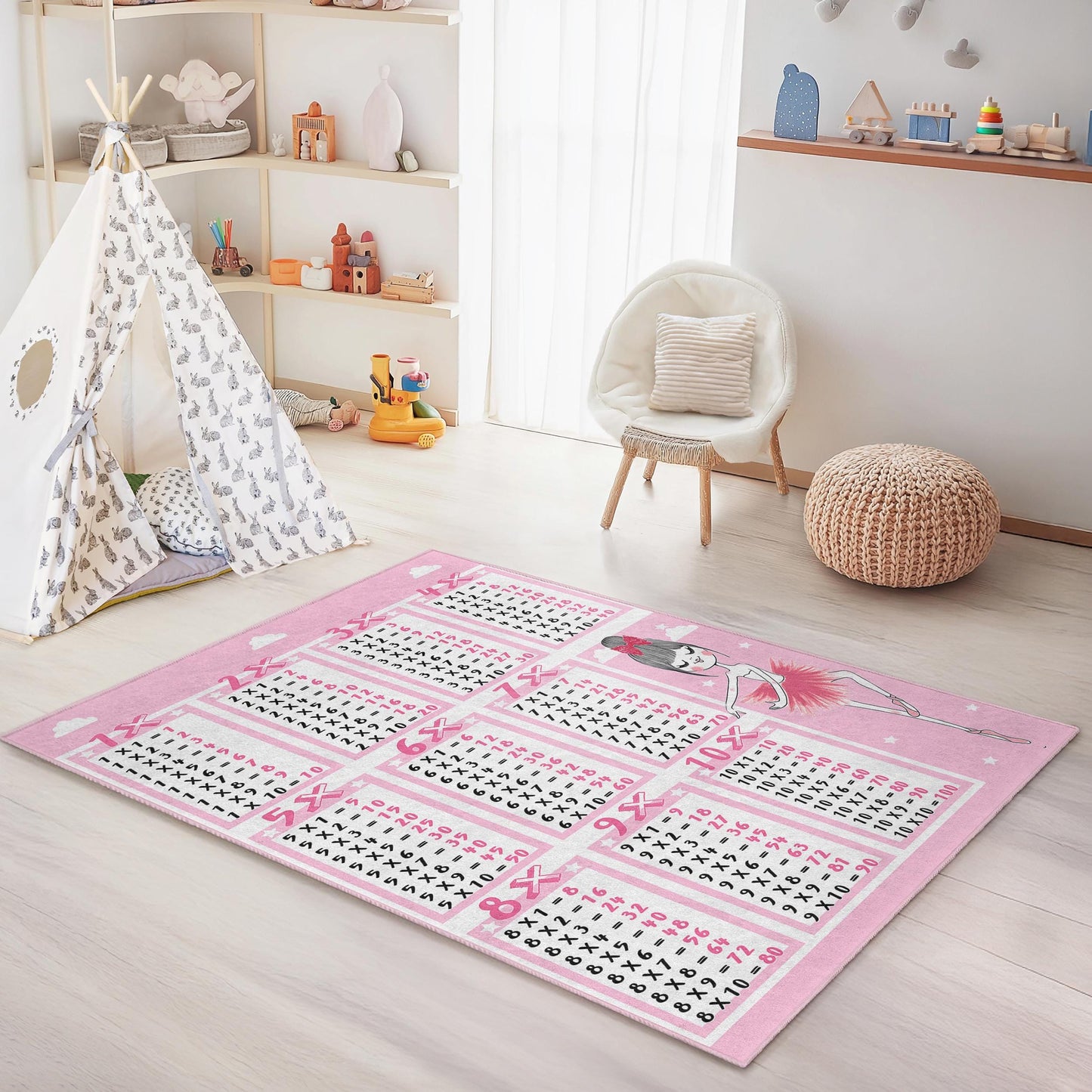 Pink Ballerina Multiplication Table Rug, Kids Room Decor, Rectangle Area Rug for Nursery, Playroom, Educational Carpet