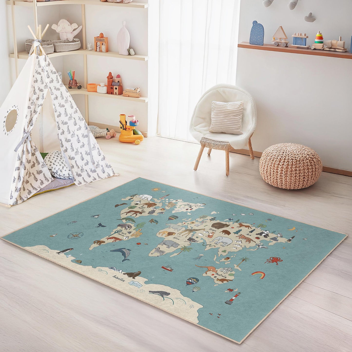 Whimsical Animal Map Kids Rug, Rectangle Playroom Carpet, Educational World Map Rug, Soft Area Rug for Children's Room