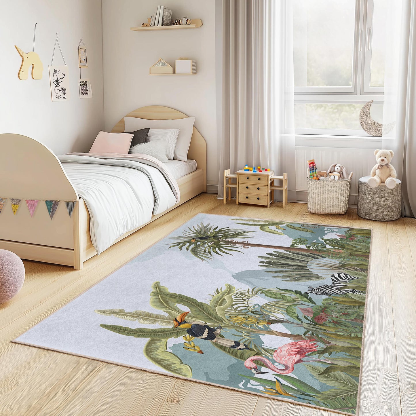 Tropical Jungle Adventure Kids Rug, Colorful Animal Play Mat, Rectangular Kids Room Rug, Nursery Decor, Jungle Themed Rug