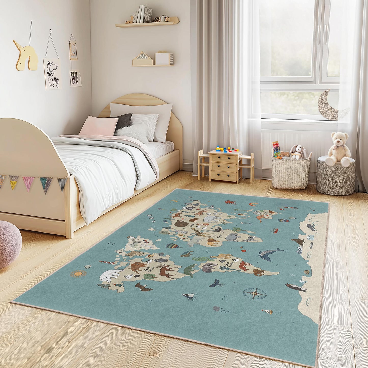 Whimsical Animal Map Kids Rug, Rectangle Playroom Carpet, Educational World Map Rug, Soft Area Rug for Children's Room