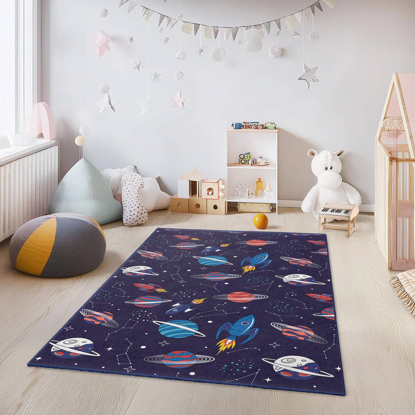 Space Adventure Kids Rug, Rocket and Planet Play Mat, Rectangle Childrens Carpet, Galaxy Theme Rug for Kids Room, Nursery Decor