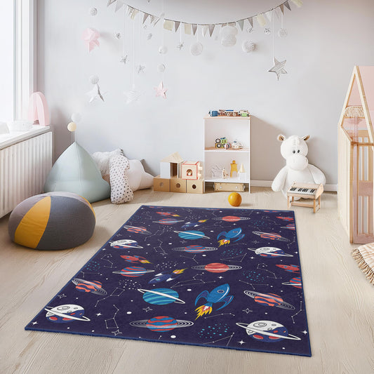 Space Adventure Kids Rug, Rocket and Planet Play Mat, Rectangle Childrens Carpet, Galaxy Theme Rug for Kids Room, Nursery Decor