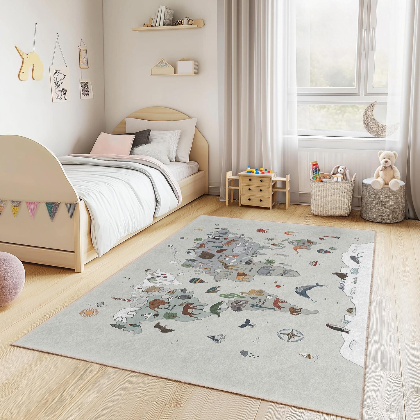 Adventure Map Animal Theme Kids Rug, Turkey Map Kids Rug, Playroom Decor, Soft Rectangular Carpet for Children, Nursery Rug