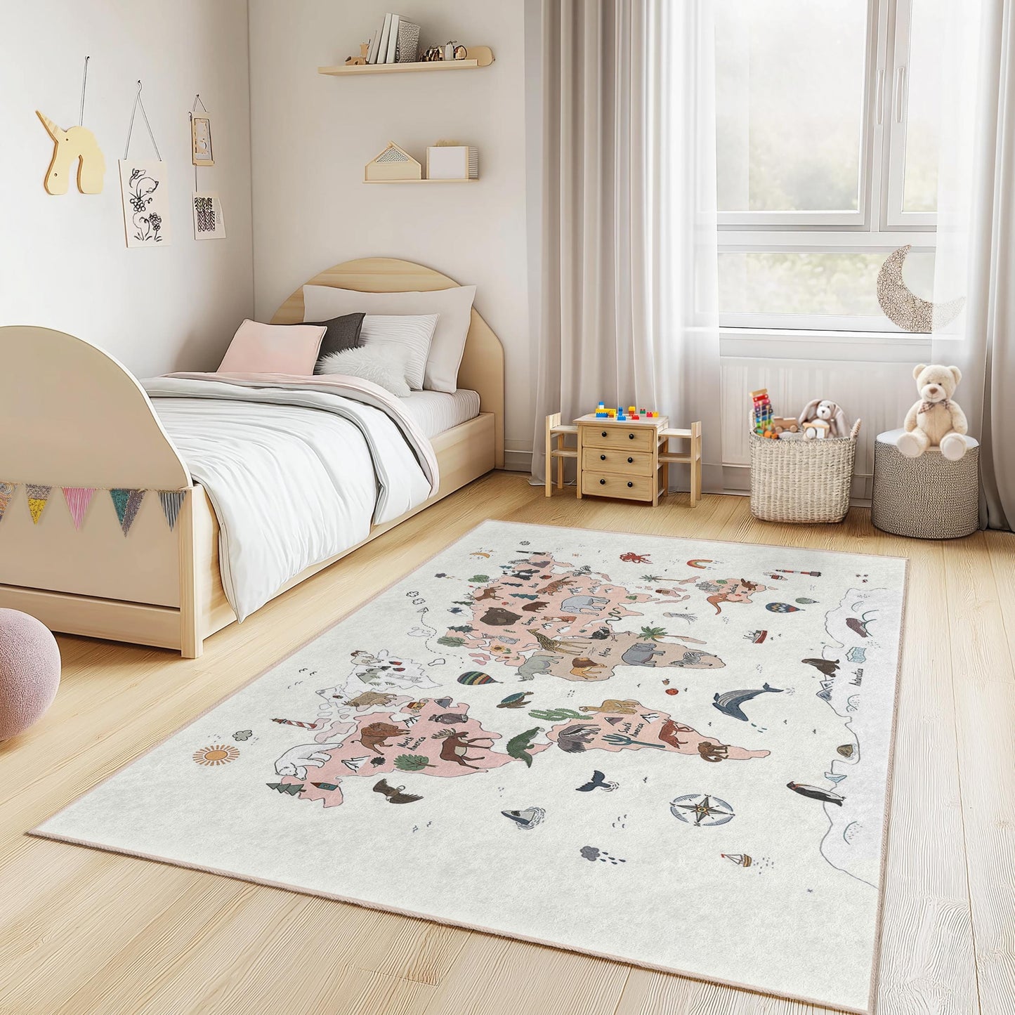 Whimsical Animal Map Kids Rug, Colorful Animal Themed Rug, Fun Playroom Carpet, Rectangular Kids Room Decor, Nursery Rug