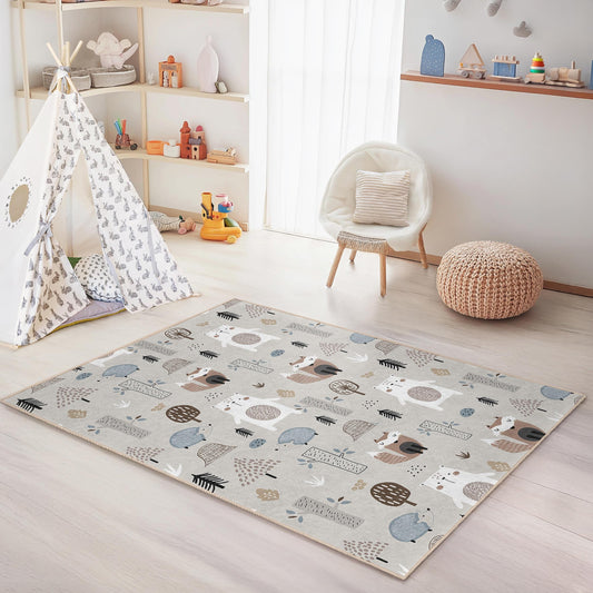 Woodland Themed Rug,Whimsical Forest Adventure Kids Play Rug,Cute Animal Pattern, Rectangular Kids Carpet,Nursery Decor, Woodland Themed Rug
