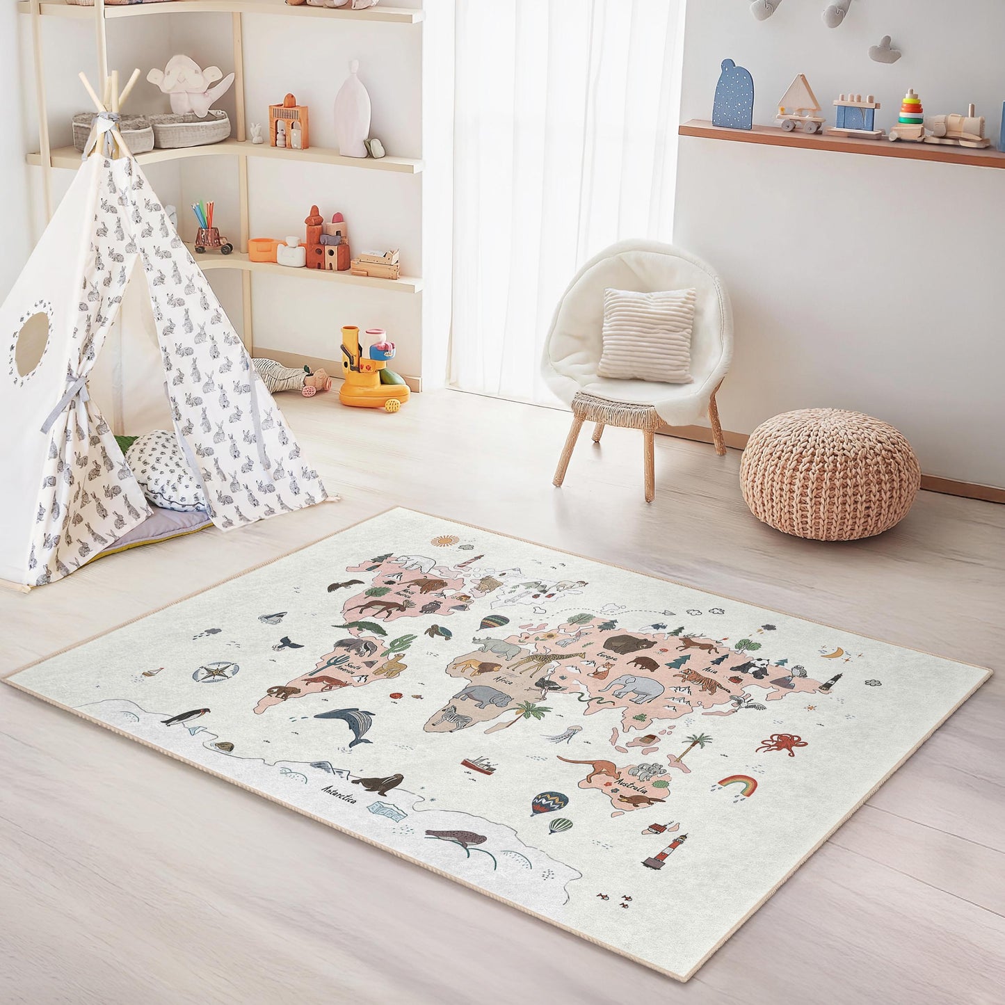 Whimsical Animal Map Kids Rug, Colorful Animal Themed Rug, Fun Playroom Carpet, Rectangular Kids Room Decor, Nursery Rug