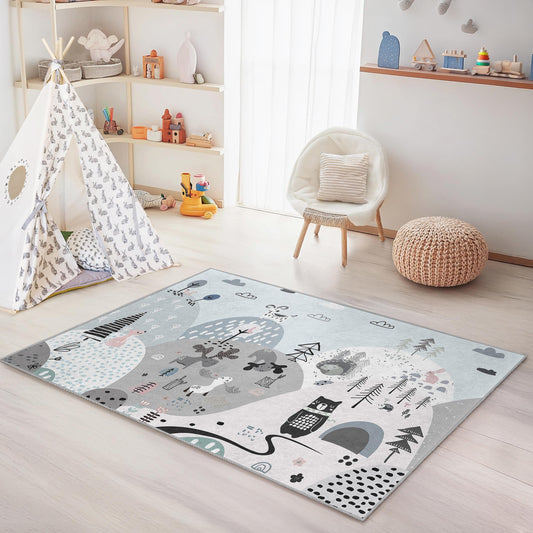 Forest Themed Kids Mat, Whimsical Tree and Animal Kids Rug, Rectangular Playroom Carpet, Modern Nursery Decor, Childrens Room Rug