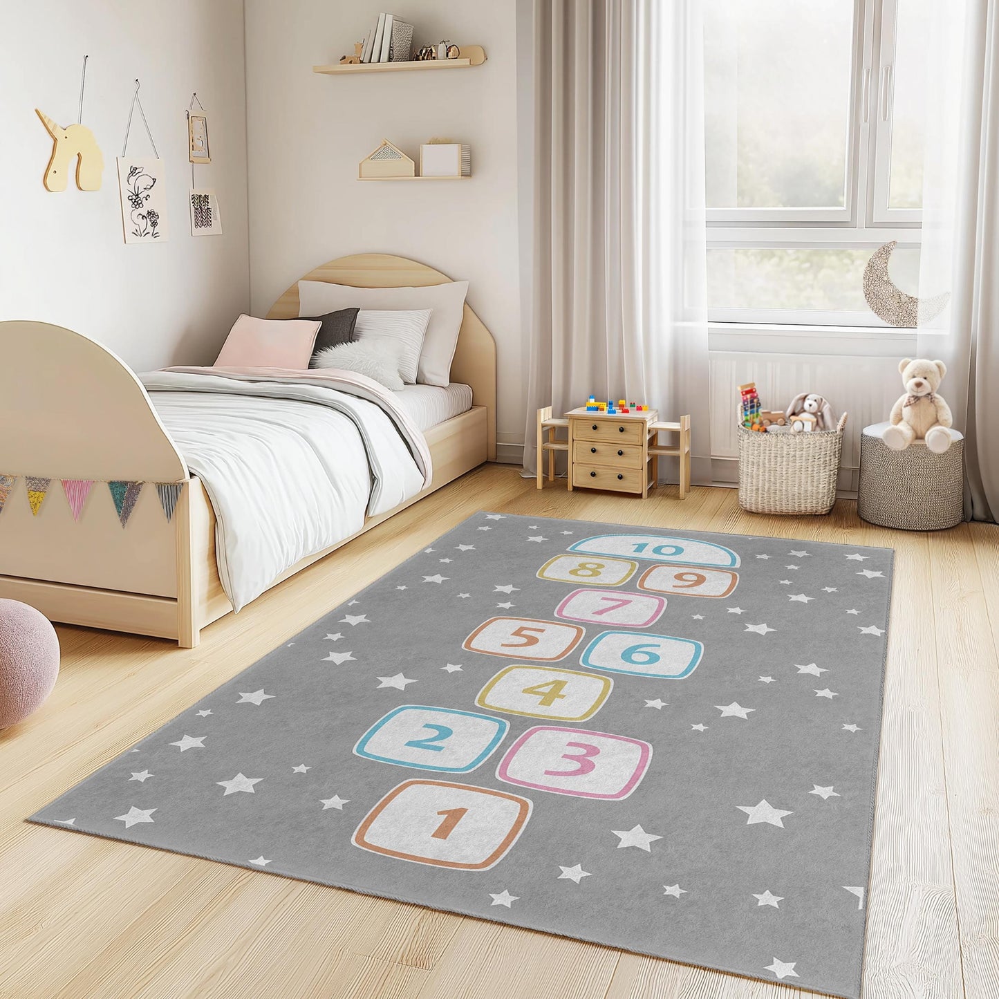 Hopscotch Pattern Kid's Rectangular Rug, Playroom Decor, Soft Carpet for Children's Room, Fun Educational Mat, Nursery Rug