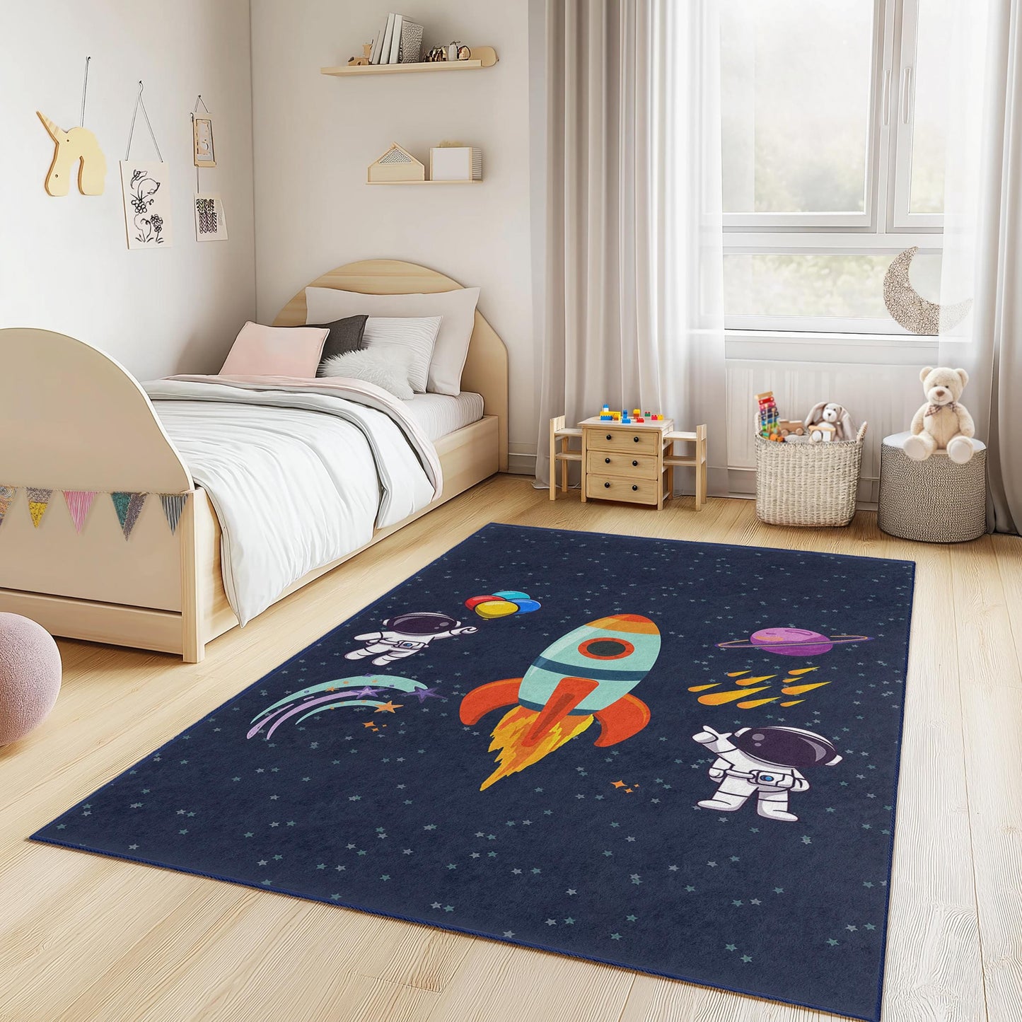 Space Adventure Kids Rug, Astronaut Rocket Carpet for Playroom, Kids Room Decor, Fun Galaxy Rug, Toddler Bedroom Mat
