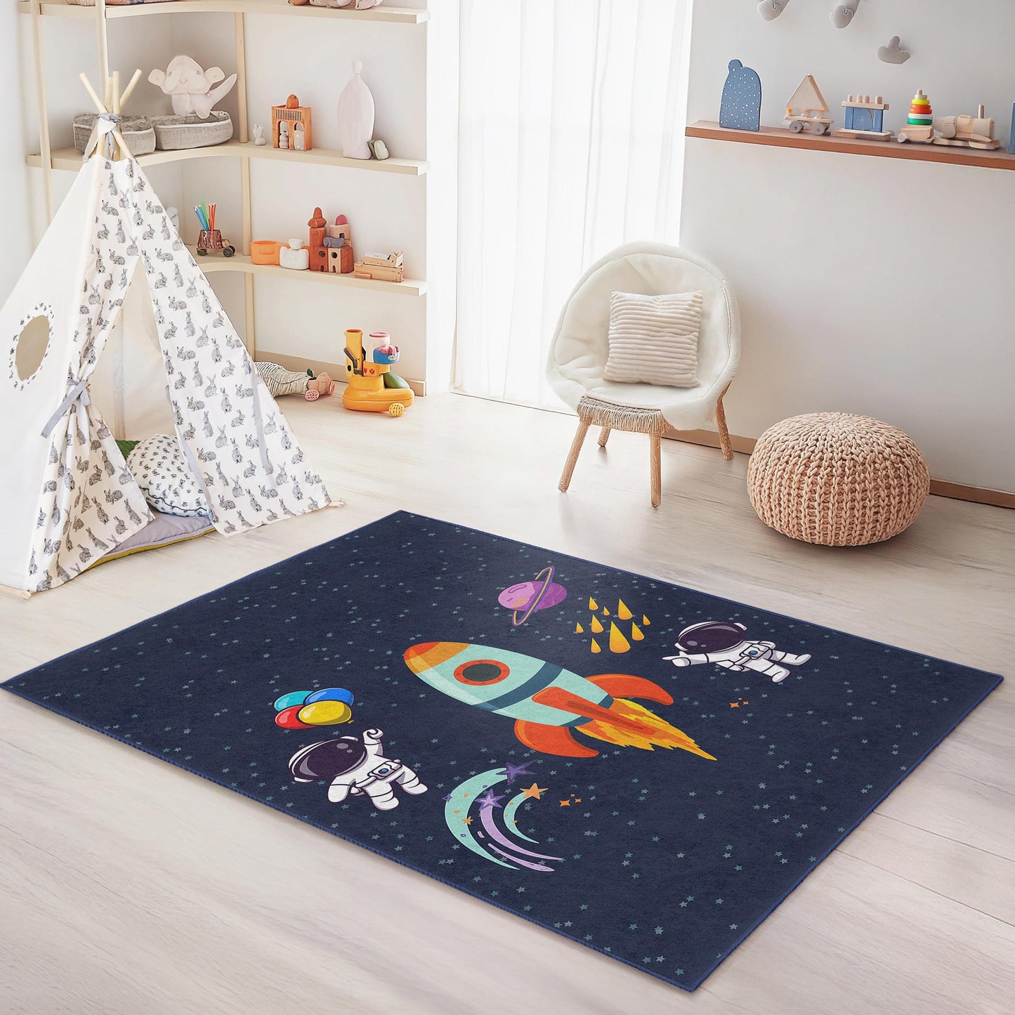 Space Adventure Kids Rug, Astronaut Rocket Carpet for Playroom, Kids Room Decor, Fun Galaxy Rug, Toddler Bedroom Mat