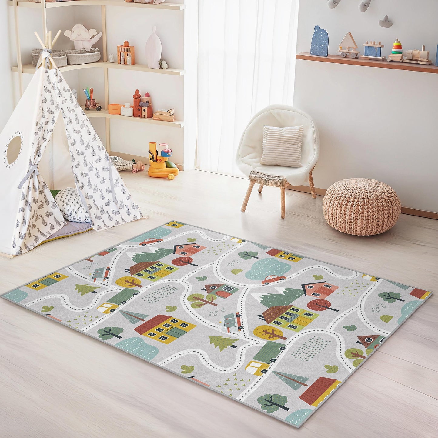 Colorful Town Road Map Play Rug, Interactive Kids Rectangle Rug, Fun Playroom Carpet, Nursery Decor, Soft Childrens Rug