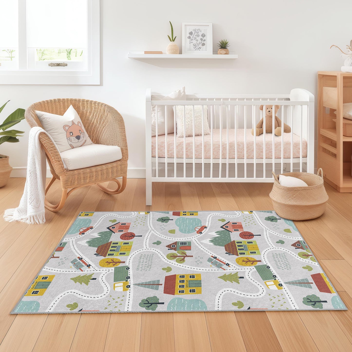 Colorful Town Road Map Play Rug, Interactive Kids Rectangle Rug, Fun Playroom Carpet, Nursery Decor, Soft Childrens Rug