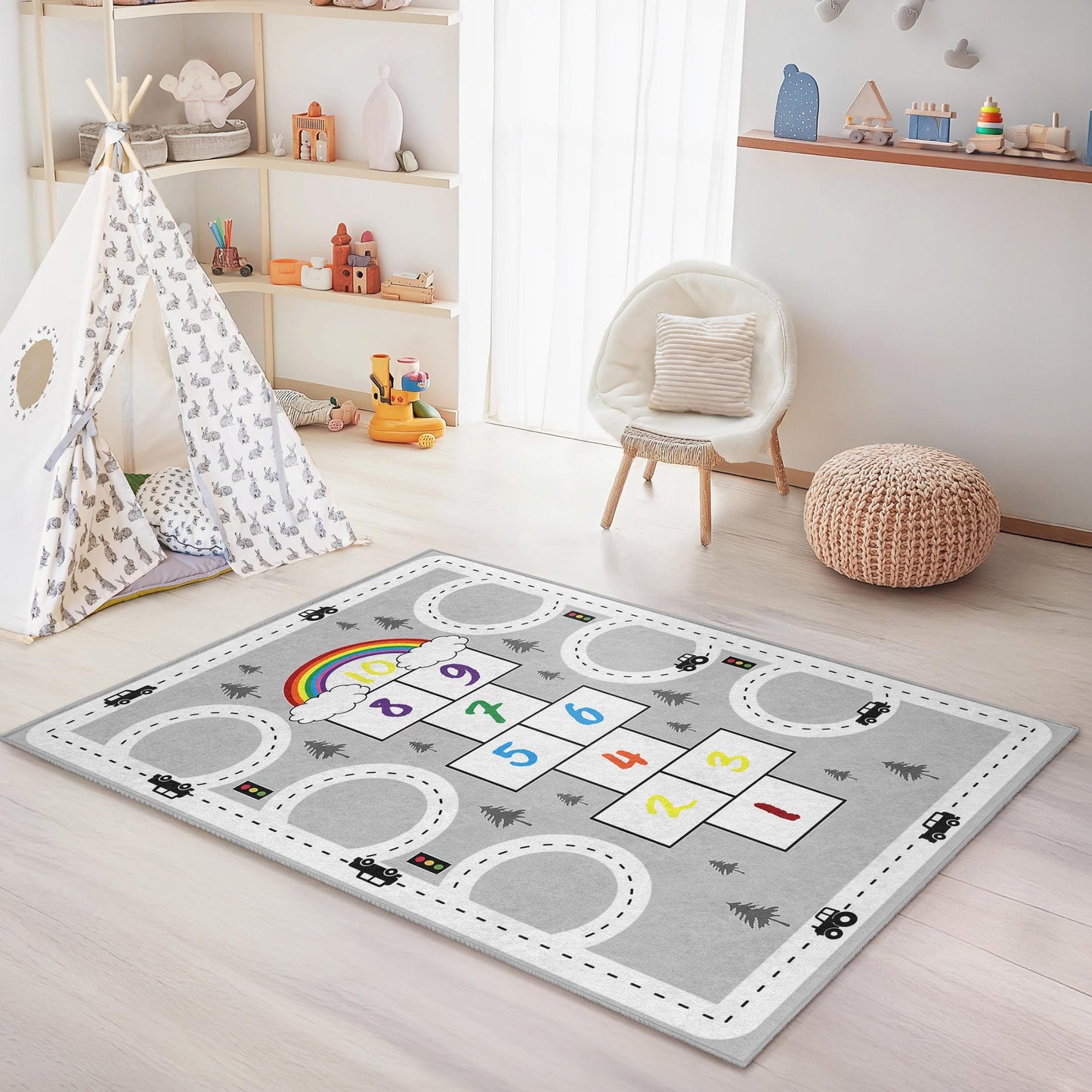 Rainbow Hopscotch Kids Rug, Interactive Play Mat for Children, Soft Rectangle Rug, Nursery Decor, Playroom Carpet, Educational Rug