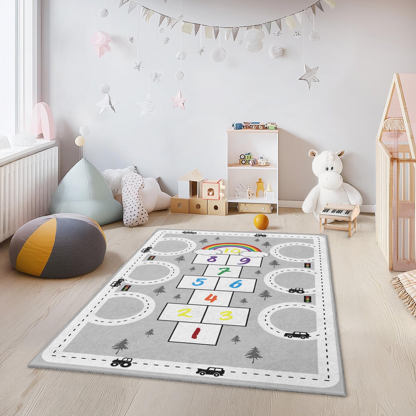 Rainbow Hopscotch Kids Rug, Interactive Play Mat for Children, Soft Rectangle Rug, Nursery Decor, Playroom Carpet, Educational Rug