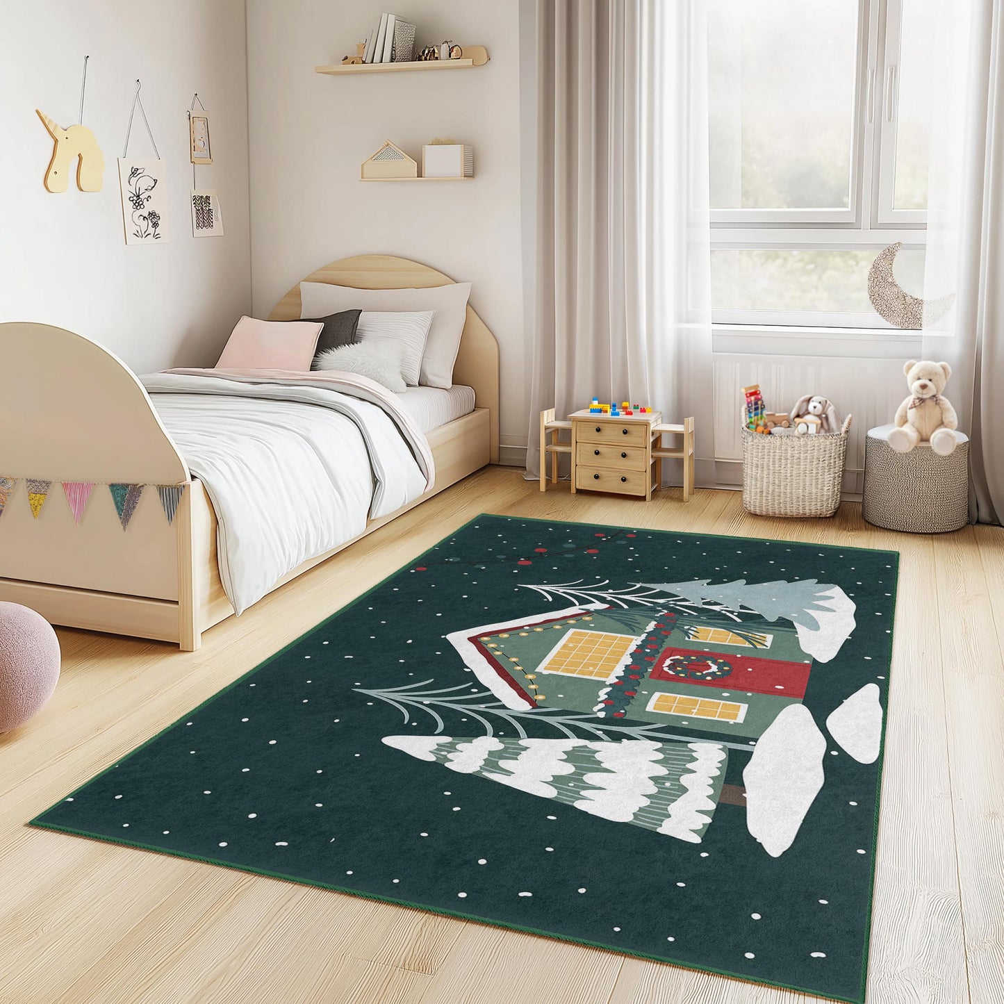 Winter Wonderland Rectangular Kids Rug, Cozy Holiday Home Decor, Christmas Themed Carpet for Children's Room, Soft Play Mat