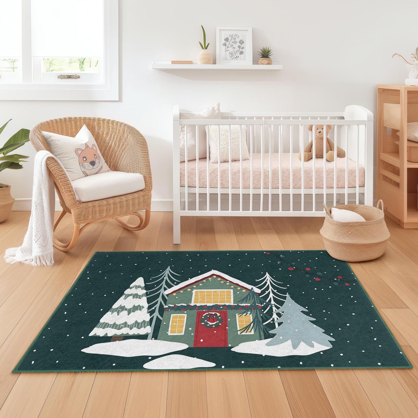 Winter Wonderland Rectangular Kids Rug, Cozy Holiday Home Decor, Christmas Themed Carpet for Children's Room, Soft Play Mat