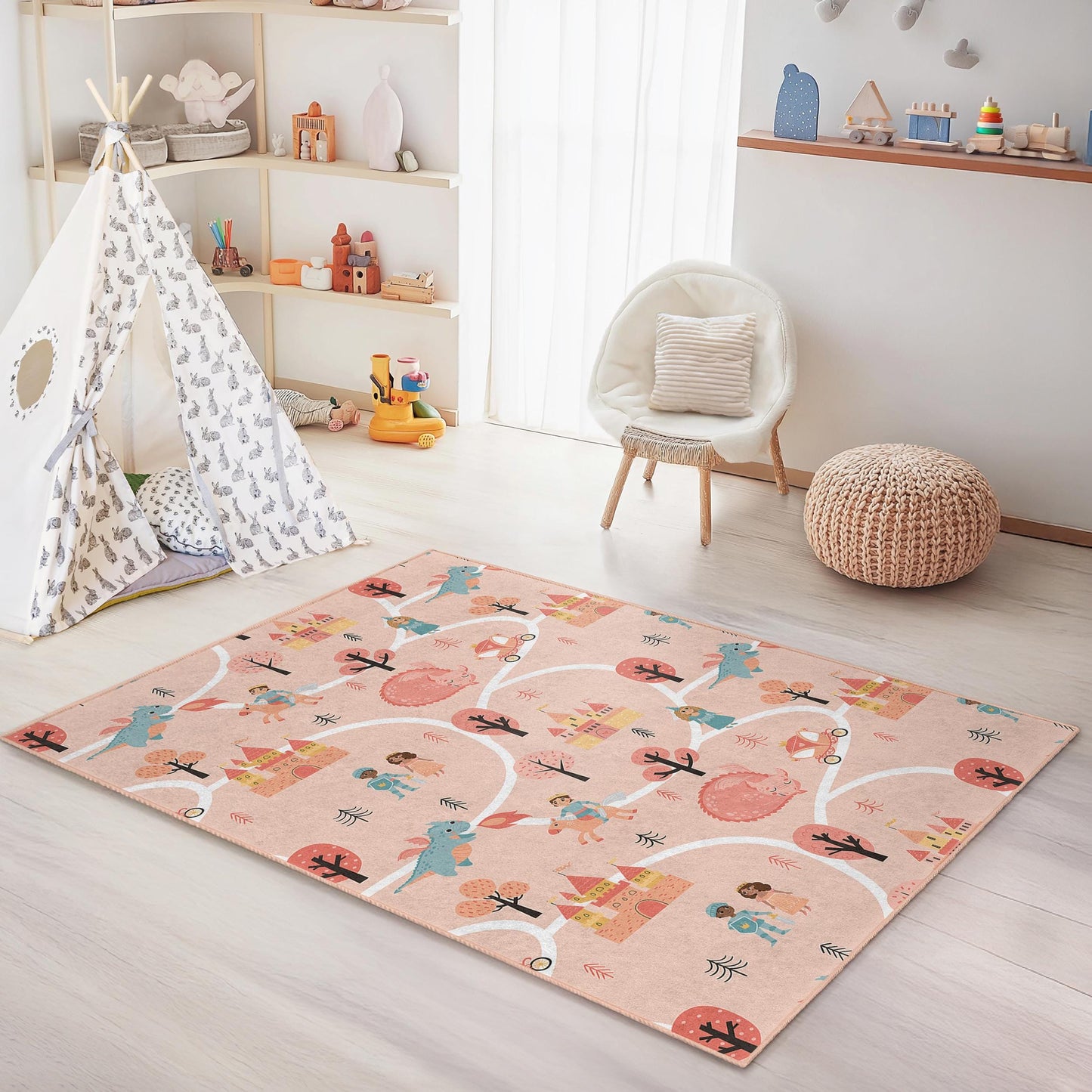 Fairy Tale Adventure Kids Rug, Princess Castle Rectangular Rug, Playroom Decor, Soft Nursery Carpet, Fantasy Theme Kids Carpet