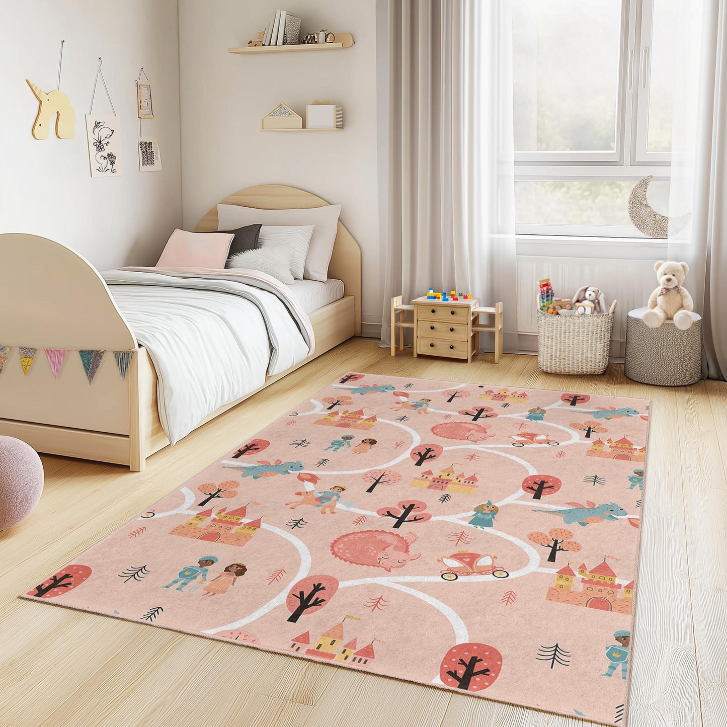 Fairy Tale Adventure Kids Rug, Princess Castle Rectangular Rug, Playroom Decor, Soft Nursery Carpet, Fantasy Theme Kids Carpet