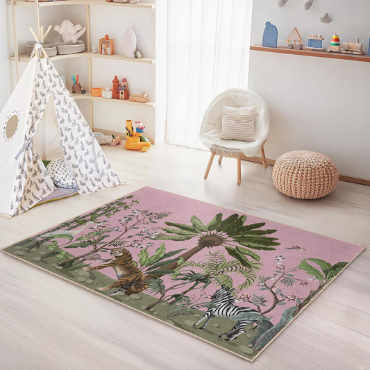 Jungle Adventure Kids Play Rug, Animal Theme Kids Carpet, Rectangular Play Mat for Kids Room, Soft Nursery Decor, Safari Rug