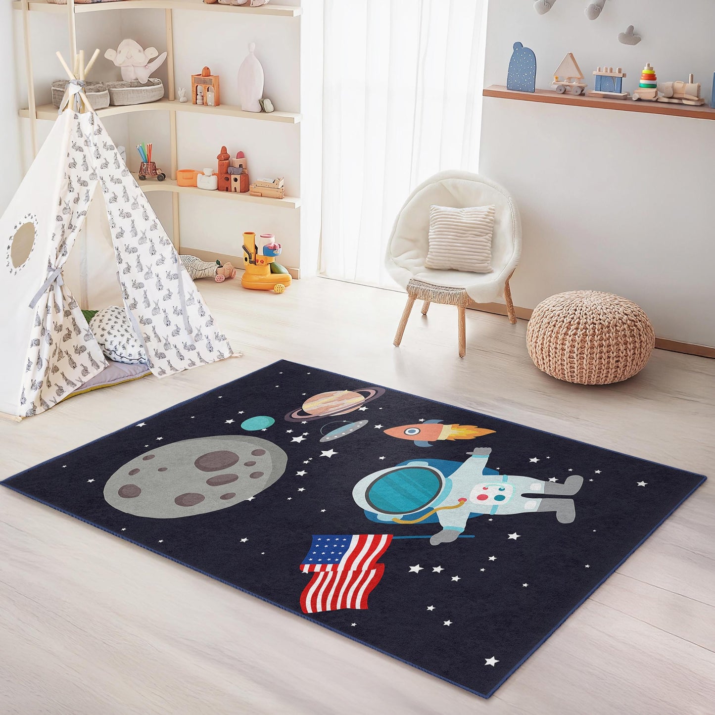 Astronaut Space Adventure Kids Rug, Outer Space Theme Rectangle Rug, Kids Room Carpet, Playroom Decor, Galaxy Rug for Children