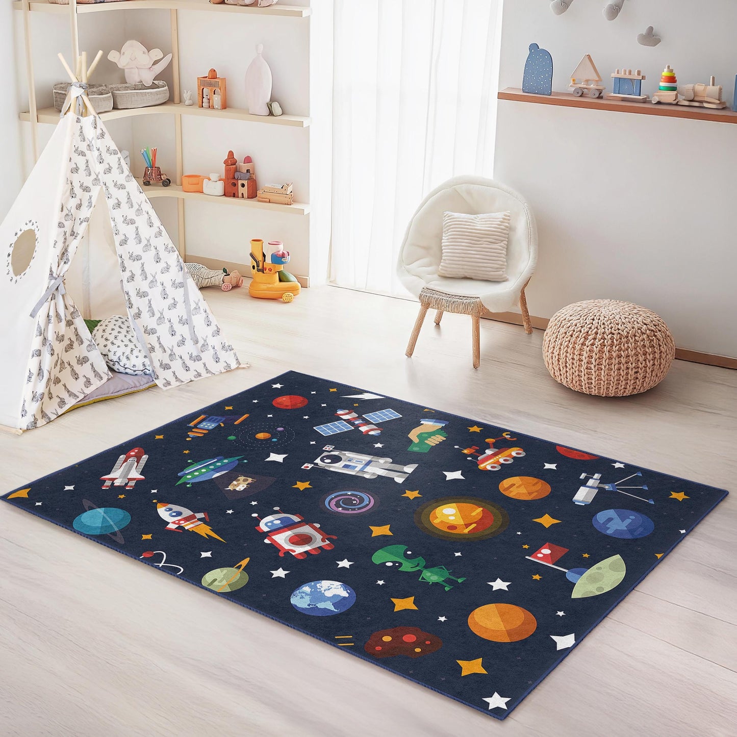 Cosmic Adventure Kids Play Rug, Space Theme Rectangle Rug, Outer Space Kids Carpet, Galaxy Decor for Child's Room