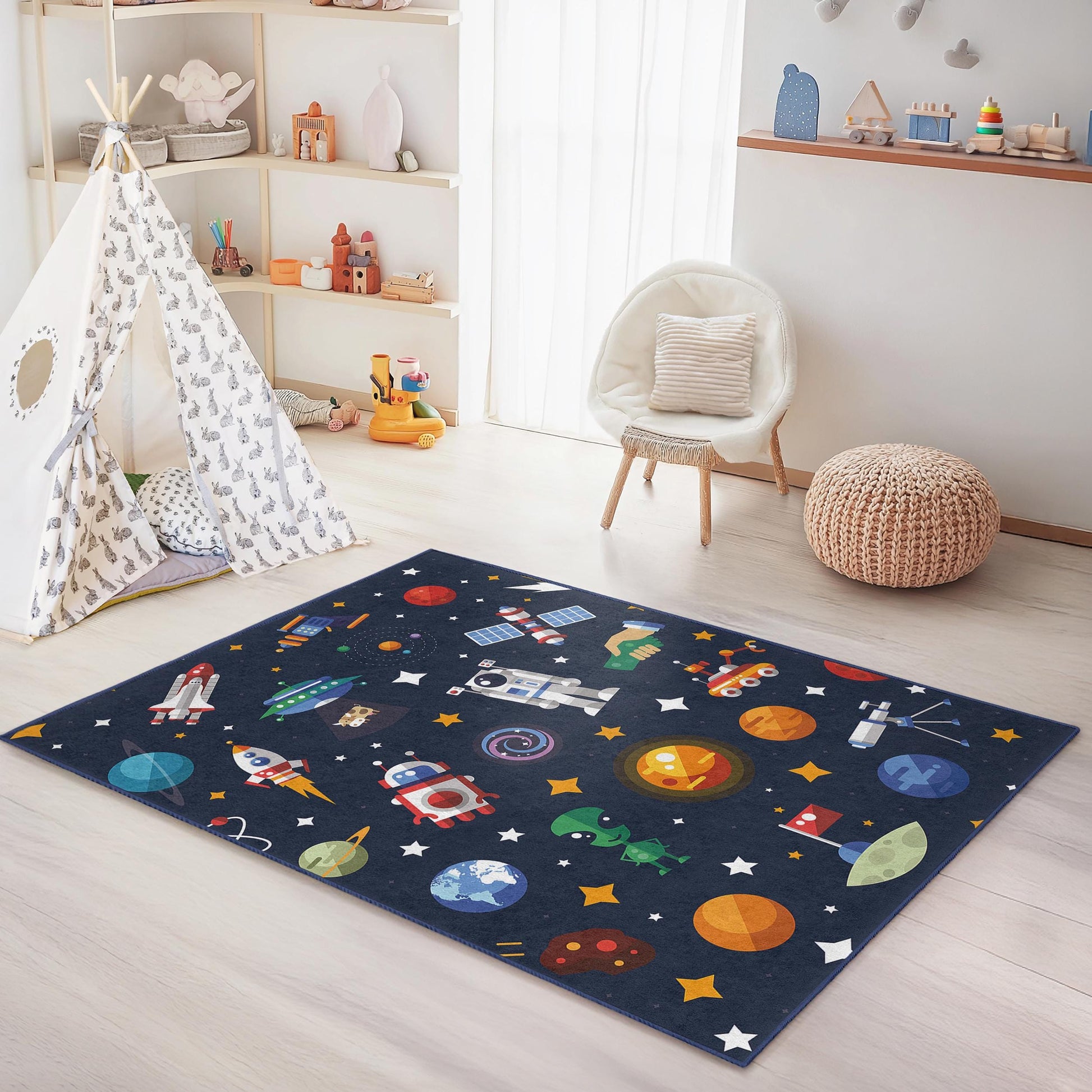 Cosmic Adventure Kids Play Rug, Space Theme Rectangle Rug, Outer Space Kids Carpet, Galaxy Decor for Child's Room