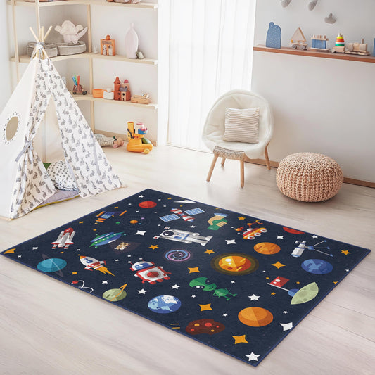 Cosmic Adventure Kids Play Rug, Space Theme Rectangle Rug, Outer Space Kids Carpet, Galaxy Decor for Child's Room