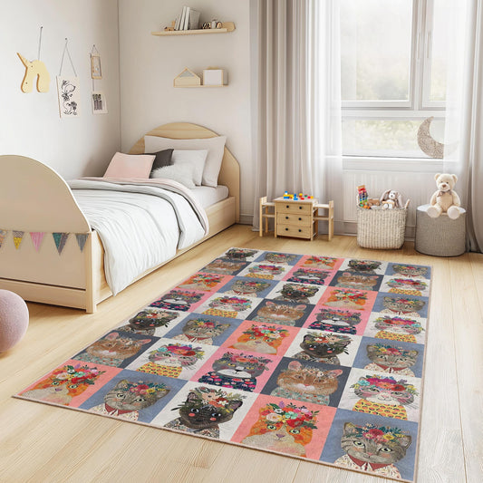 Floral Cat Pattern Kids Area Rug, Rectangle Cat Play Mat, Childrens Room Carpet, Cute Cat Decor, Animal Print Rug for Kids