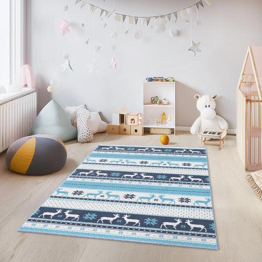 Winter Wonderland Deer Pattern Kids Rug, Rectangular Play Mat for Kids Room, Cozy Nursery Decor, Blue and White Design