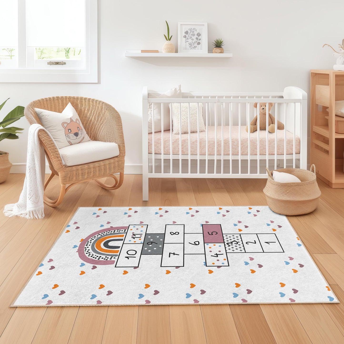 Rainbow Hopscotch Play Rug, Kids Room Carpet, Rectangular Play Mat, Soft Touch Nursery Rug, Fun Learning Decor