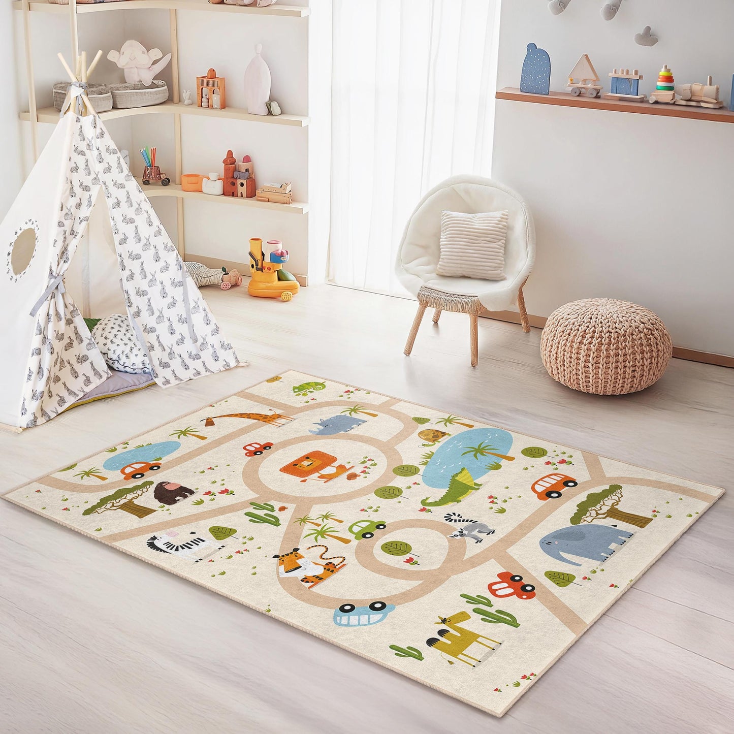 Safari Play Mat, Colorful Animal Adventure Kids Play Rug, Rectangle Animal Map Rug, Childrens Room Carpet, Nursery Decor