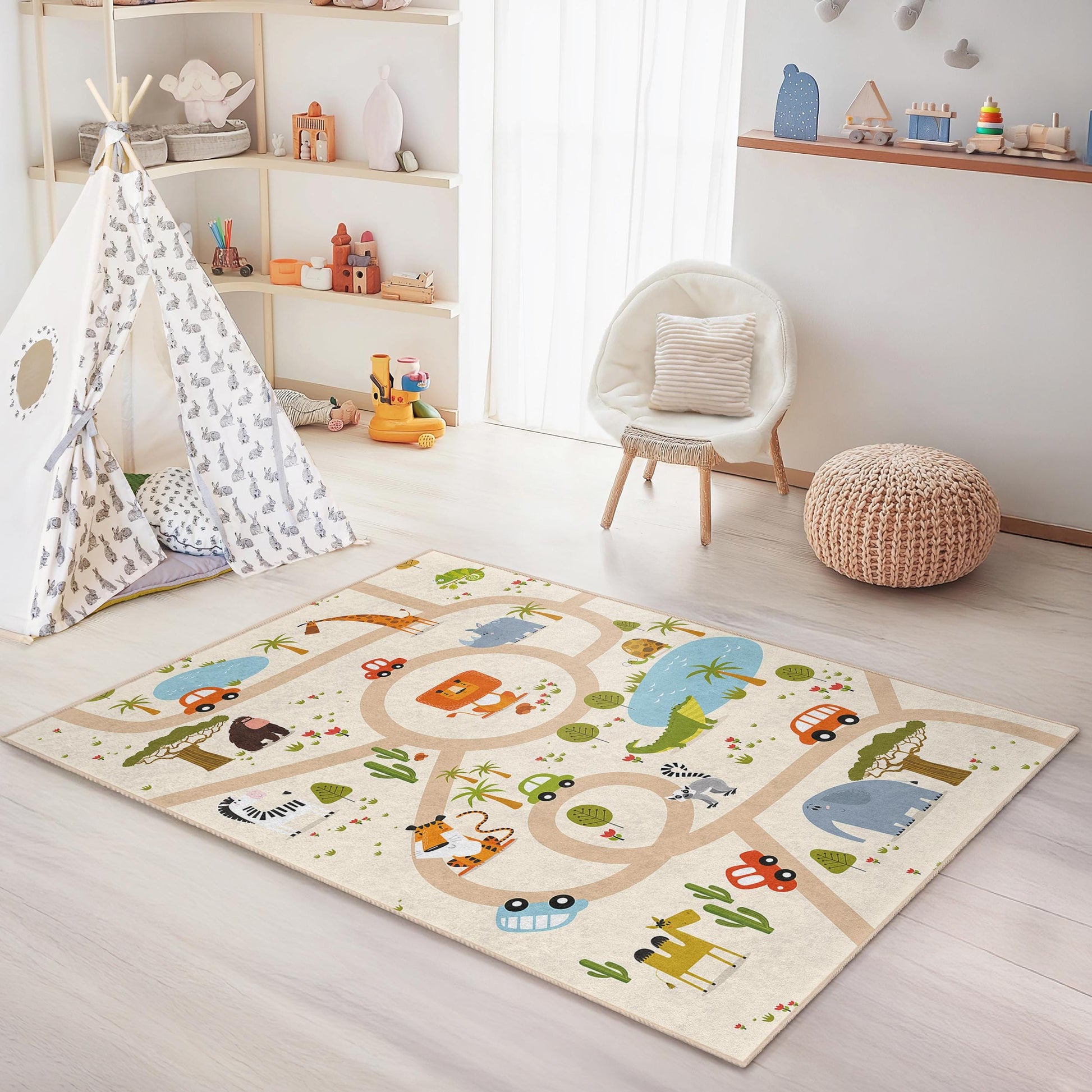 Safari Play Mat, Colorful Animal Adventure Kids Play Rug, Rectangle Animal Map Rug, Childrens Room Carpet, Nursery Decor
