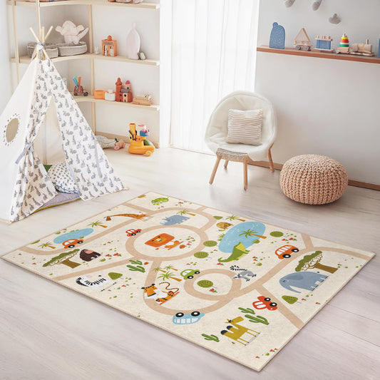 Safari Play Mat, Colorful Animal Adventure Kids Play Rug, Rectangle Animal Map Rug, Childrens Room Carpet, Nursery Decor