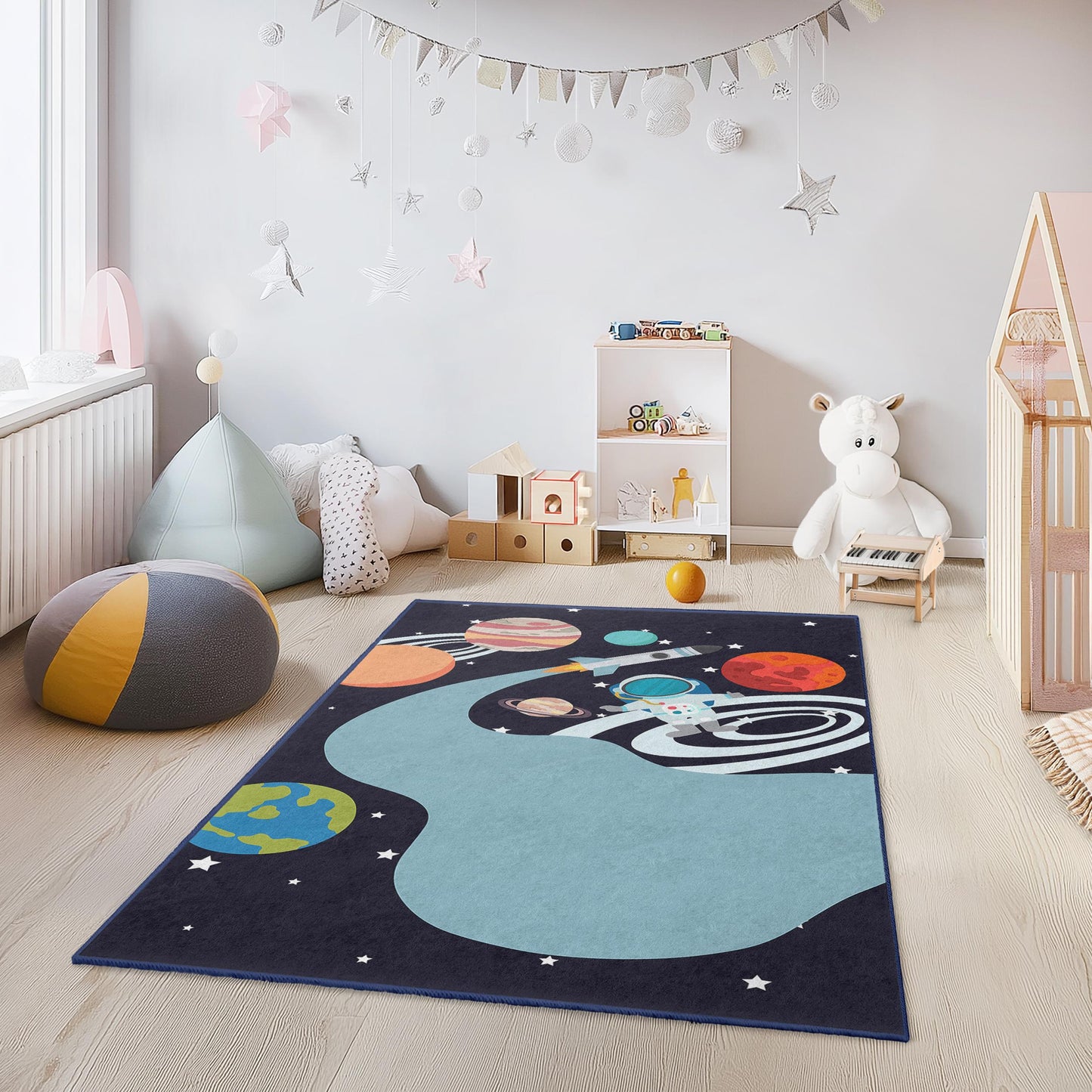Outer Space Adventure Kids Rug, Astronaut Play Mat, Galaxy Themed Rug for Children's Room, Space Design Nursery Decor