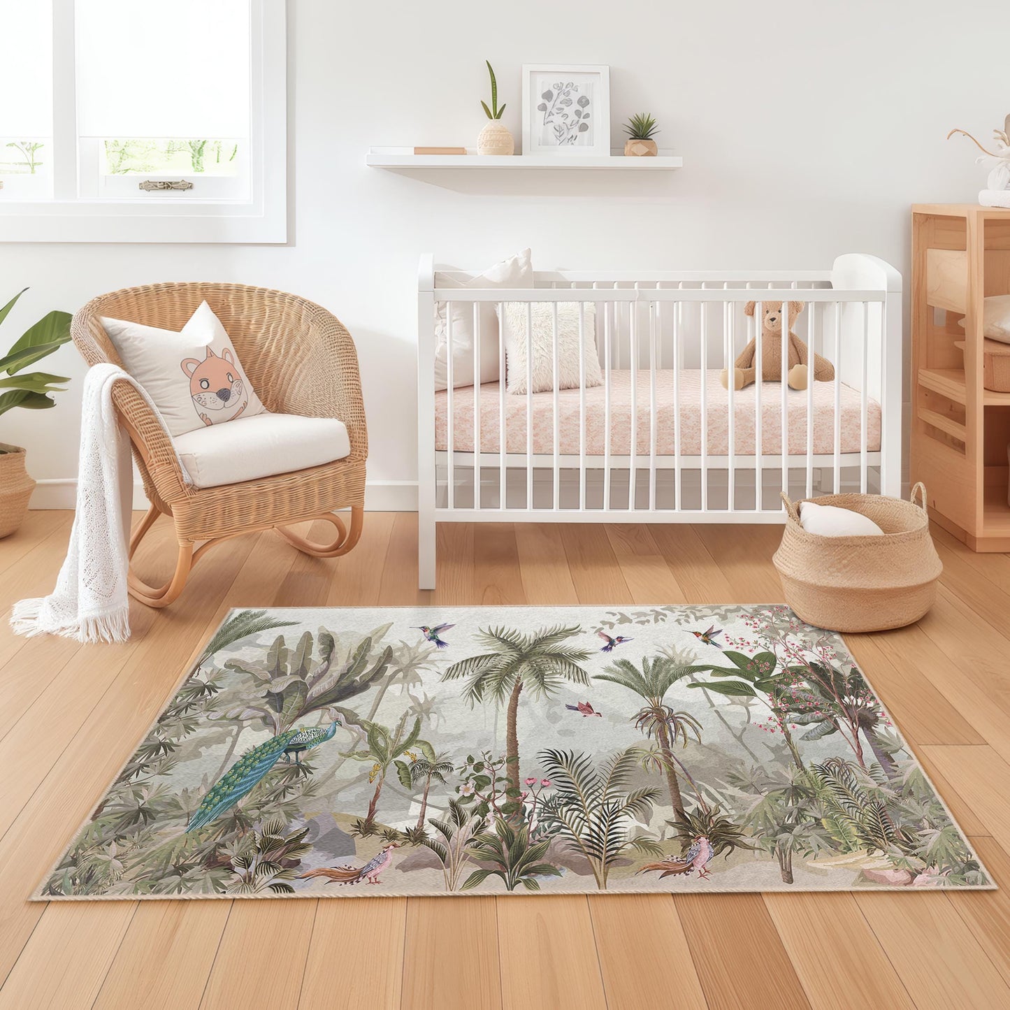 Tropical Paradise Kids Room Rug, Rectangular Floral Carpet, Nature Inspired Rug, Jungle Themed Playroom Decor, Kids Bedroom Rug